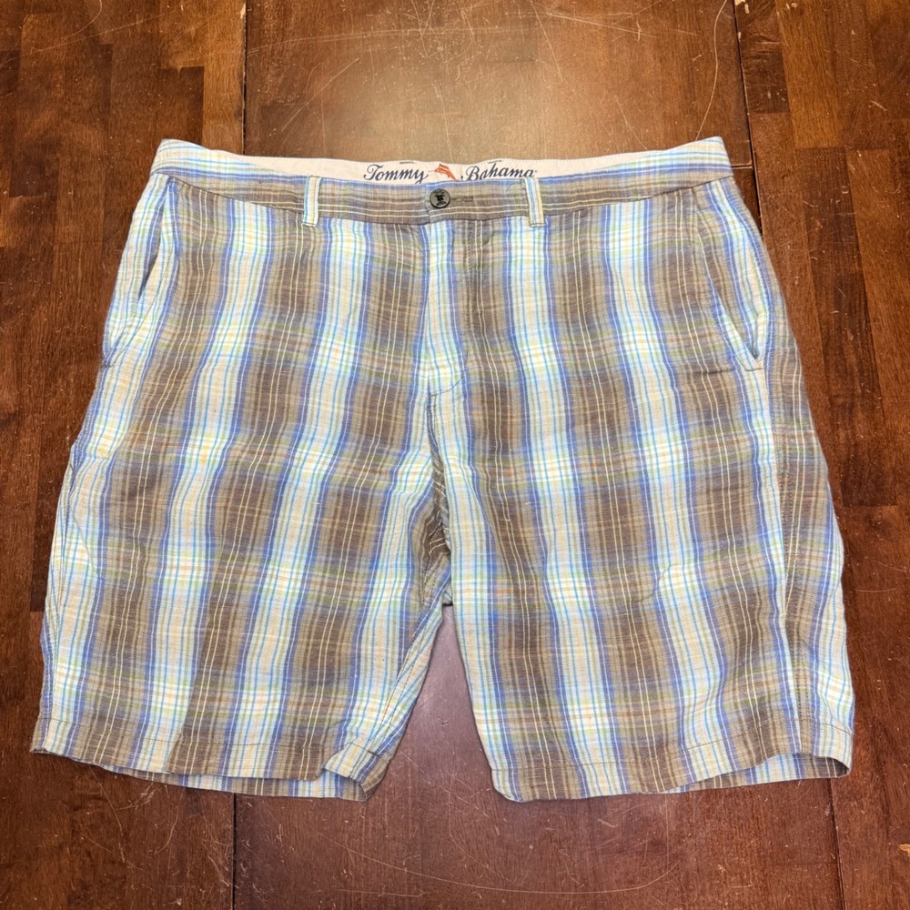 Tommy Bahama Plaid Shorts Mens 38 Blue Brown Linen Tencel Blend Flat Front‎